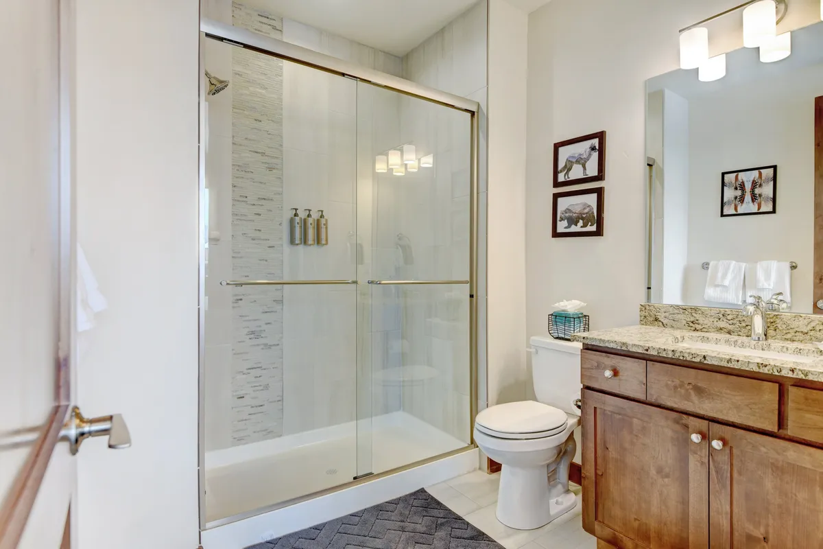 A serene modern bathroom with a glass shower enclosure, granite countertop, and framed animal pictures. The space is calming and well-appointed, suggesting comfort and luxury in self-care routines.
