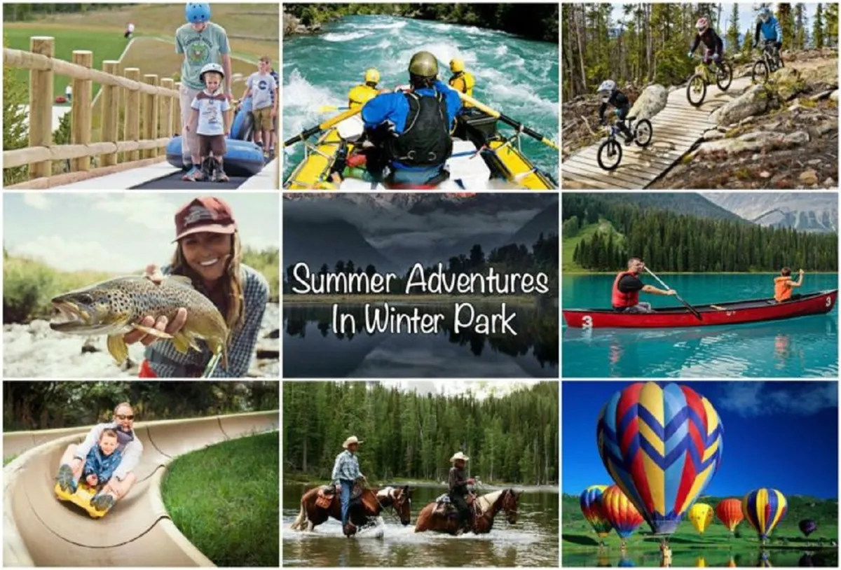 This lively exterior scene features families and children enjoying a variety of outdoor adventures, including tubing on a lazy river, white-water rafting, mountain biking, fishing, children playing on a slide, horseback riding, kayaking, and even a hot air balloon in the background. The setting captures both water-based and land-based summer activities in a vibrant mountain environment.