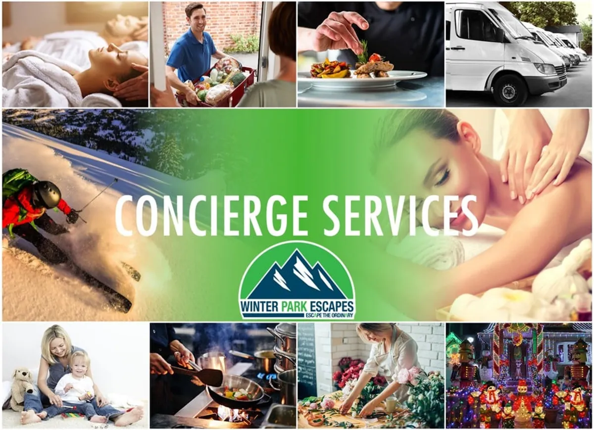 An inviting collage featuring scenes of spa treatments, skiing, family bonding time, cooking, food delivery, and festive holiday decorations. The image blends relaxation, adventure, and togetherness, highlighting both active and cozy experiences available to guests.