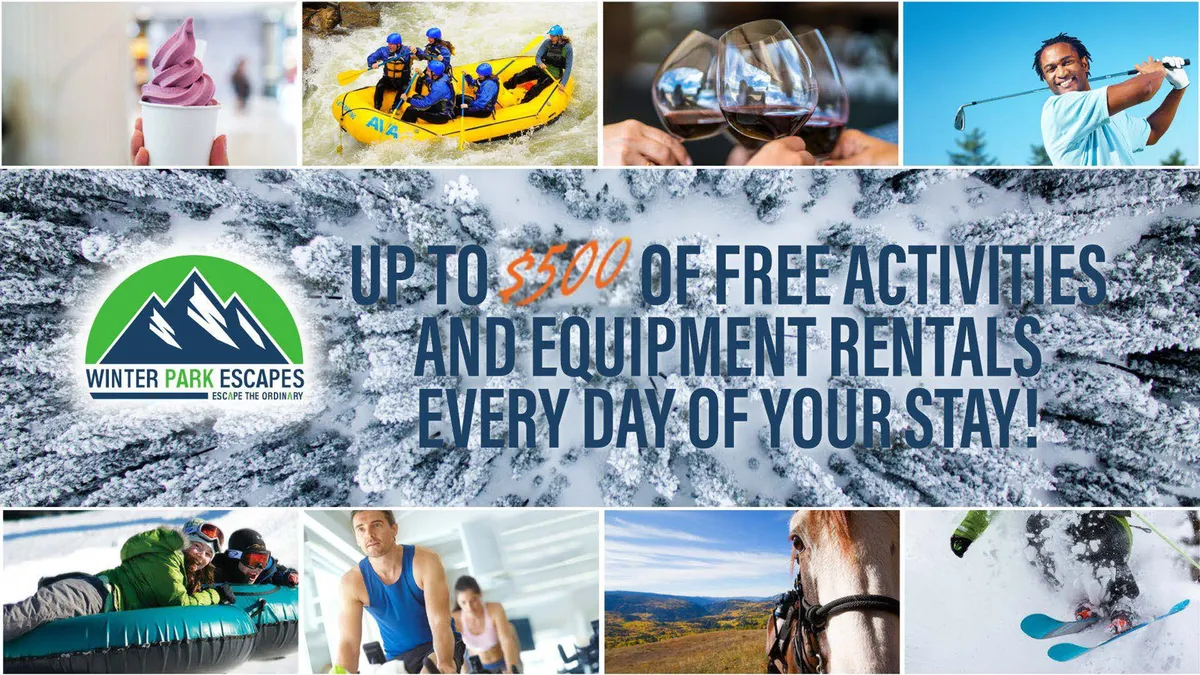 A vibrant collage showcasing adventurous activities such as rafting, skiing, golfing, horse riding, and enjoying ice cream, set against scenic landscapes. The image radiates excitement and invites viewers to imagine the range of seasonal outdoor experiences available in the area.