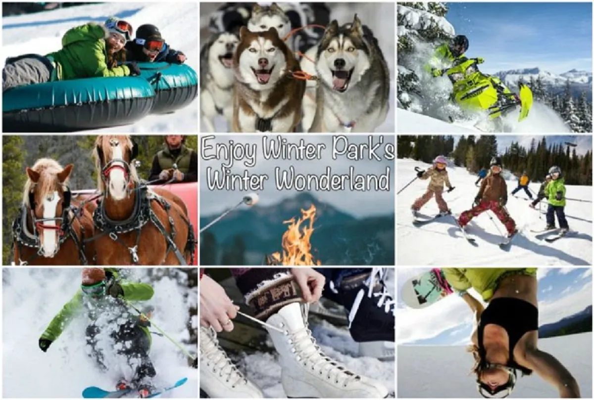 A festive winter scene showcasing families and children partaking in snow tubing, dog sledding with huskies, snowboarding, skiing, ice skating, and gathering around a firepit. The snowy mountain backdrop and animated participants capture the excitement and magic of winter sports and family fun.